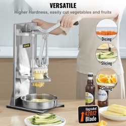 Vihannes- ja hedelmäsilppuri alumiiniseosrunko ruostumattomat terät pidennetty kahva 0,64 ja 0,95 cm