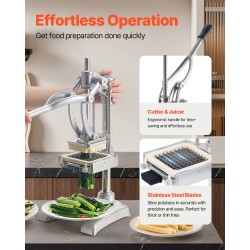 Vipumallinen ranskanperunaleikkuri ruostumattomasta teräksestä 3 vaihdettavaa terälevyä ja mehuterä