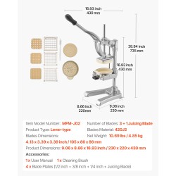Vipumallinen ranskanperunaleikkuri ruostumattomasta teräksestä 3 vaihdettavaa terälevyä ja mehuterä