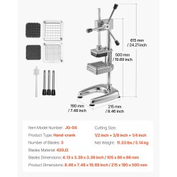 Perunaleikkuri ruostumaton teräs käsikäyttöinen 3 terälevyä 12,7/9,5/6,4 mm
