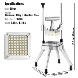 Vihannes- ja hedelmäsilppuri alumiiniseosrunko ruostumattomat terät 1/4-tuumaiset kuutiot ammattikeittiöihin