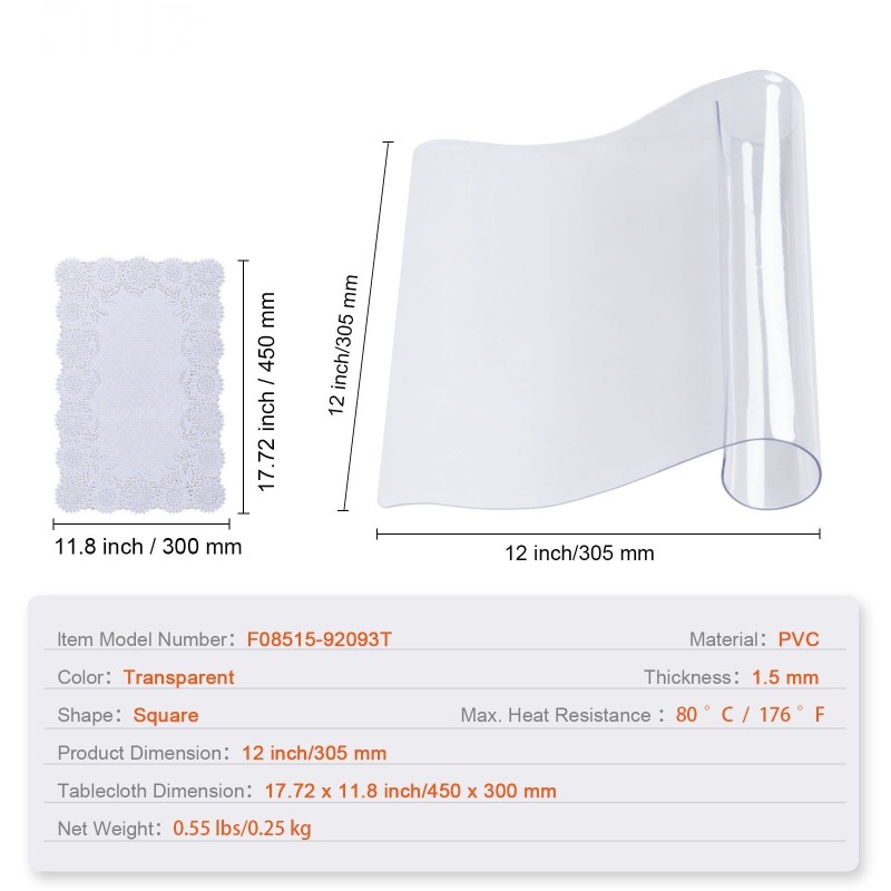 Pöydänsuoja läpinäkyvä PVC-muovinen 1,5 mm neliö 305x305 mm