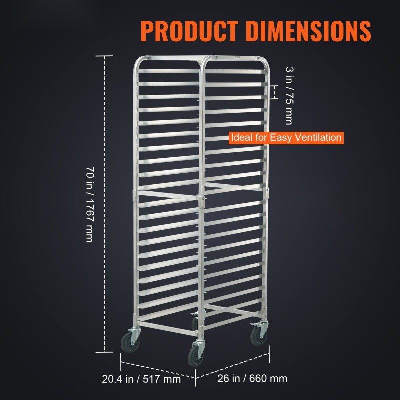 Leipomokärry alumiiniseoksesta 20 tasoa täysikokoisille ja puolikokoisille uunipelleille pyörillä ja jarruilla