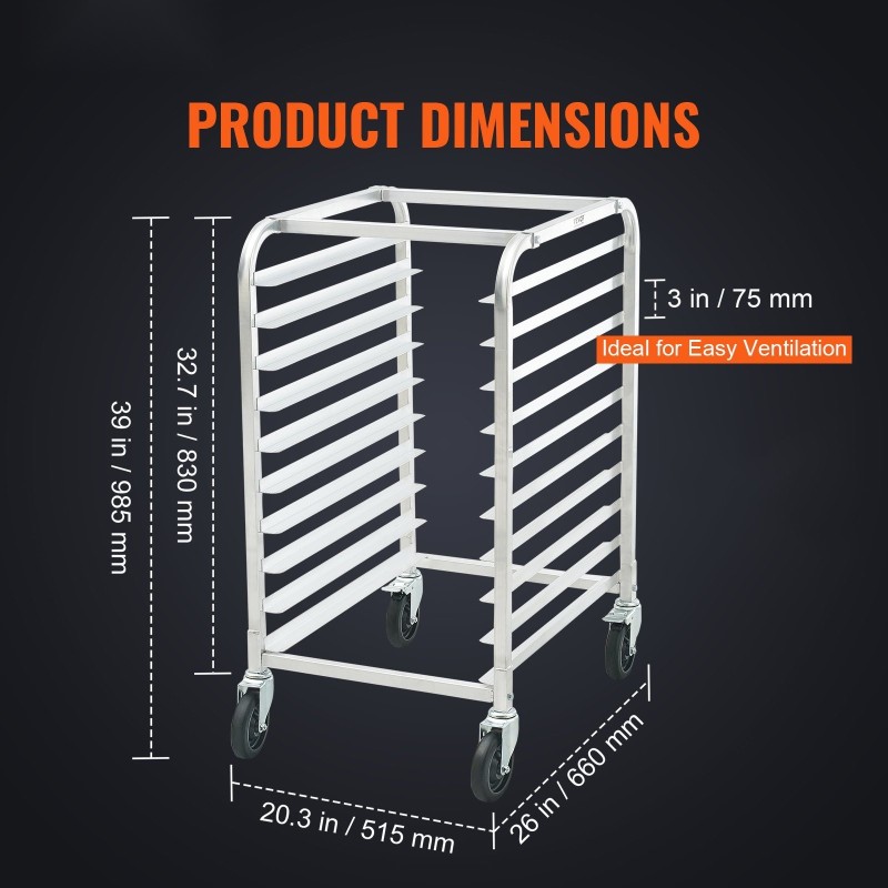 Leipomovaunu alumiiniseoksesta 10 tasoa pyörillä täysikokoisille ja puolikokoisille