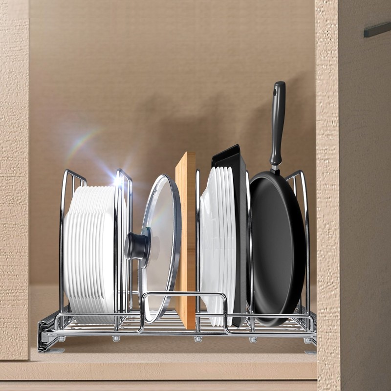 Vedettävä kattila- ja pannuhylly kaappiin hiiliteräs säädettävät lankajakajat