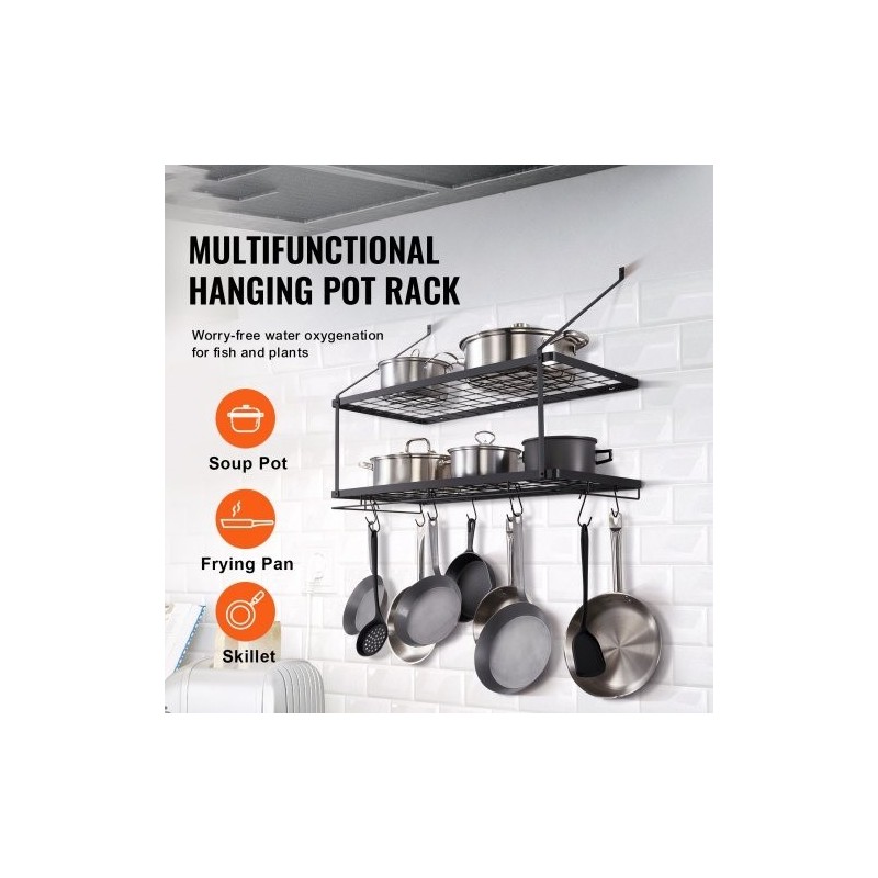 Seinäasennettava hiiliteräksinen kattila ja pannuhylly 762 mm 12 S-koukkua 24,9 kg kantavuus