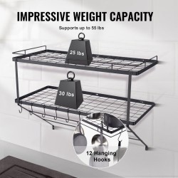 Seinäasennettava hiiliteräksinen kattila ja pannuhylly 762 mm 12 S-koukkua 24,9 kg kantavuus