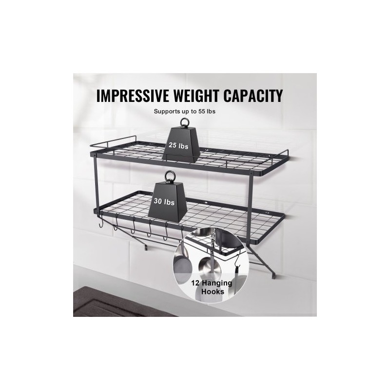 Seinäasennettava hiiliteräksinen kattila ja pannuhylly 762 mm 12 S-koukkua 24,9 kg kantavuus