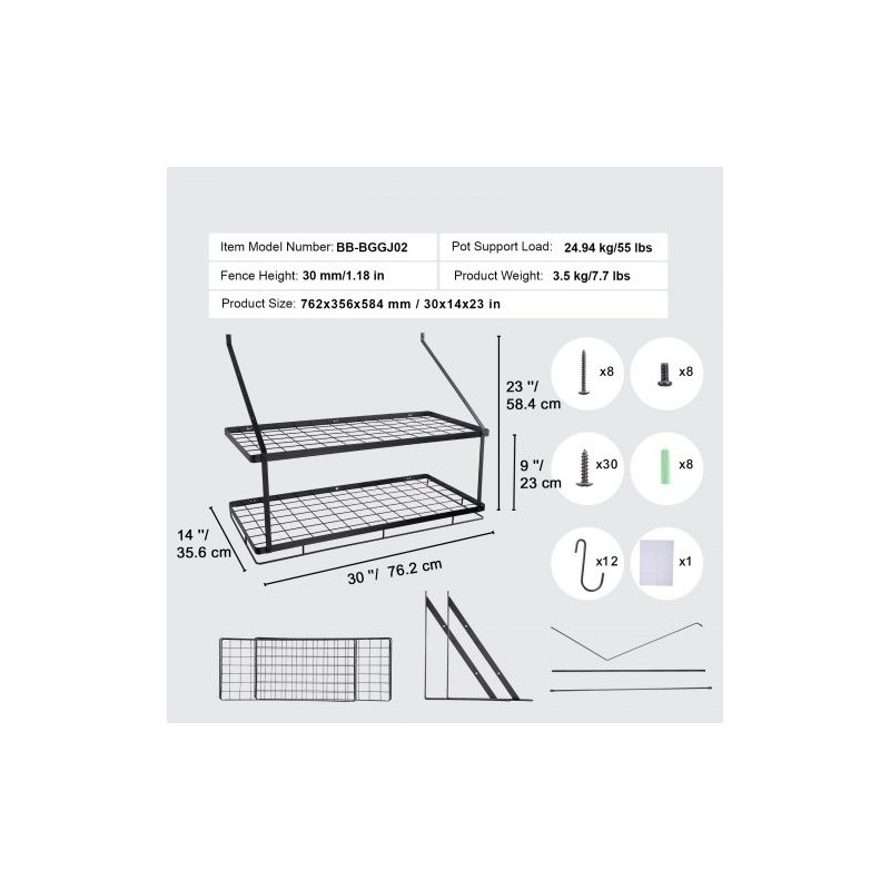 Seinäasennettava hiiliteräksinen kattila ja pannuhylly 762 mm 12 S-koukkua 24,9 kg kantavuus