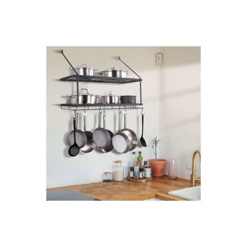 Seinäasennettava hiiliteräksinen kattila ja pannuhylly 762 mm 12 S-koukkua 24,9 kg kantavuus