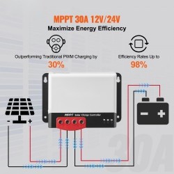 MPPT-lataussäädin 30A 12V ja 24V automaattinen tunnistus Bluetooth-moduulilla 98% hyötysuhde