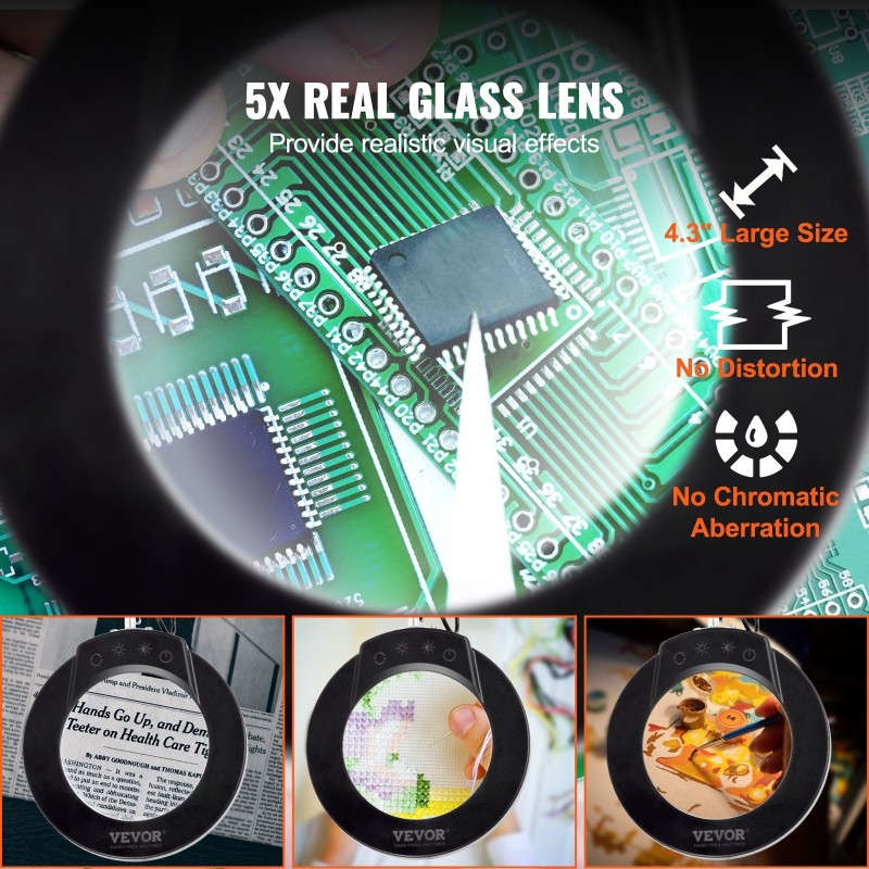 Suurennuslamppu lasilinssillä viisinkertainen 110 mm LED-valolla jalustalla ja puristimella