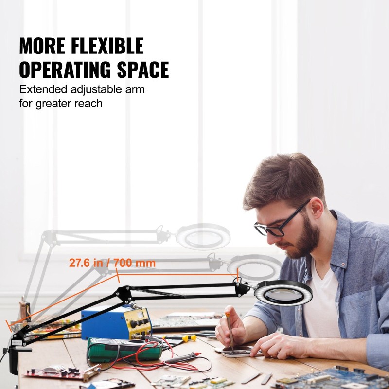 Suurennuslamppu lasilinssillä viisinkertainen 110 mm LED-valolla jalustalla ja puristimella