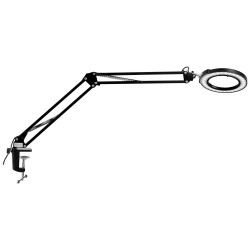 Suurennuslasivalaisin lasilinssillä viisinkertainen suurennus 110 mm viisi värilämpötilaa pöytäkiinnike ja jalusta