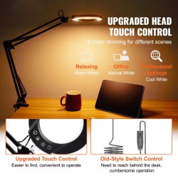 Suurennuslasivalaisin lasilinssillä viisinkertainen suurennus 110 mm viisi värilämpötilaa pöytäkiinnike ja jalusta