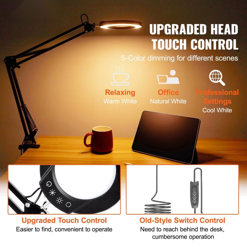 Suurennuslasivalaisin lasilinssillä viisinkertainen suurennus 110 mm viisi värilämpötilaa pöytäkiinnike ja jalusta