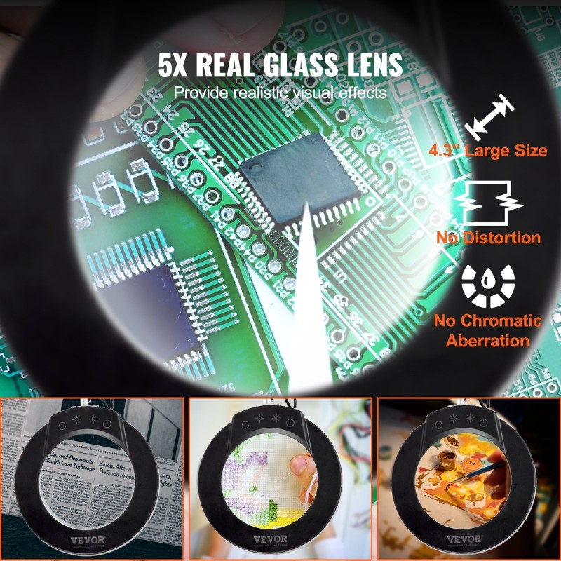 Suurennuslasivalaisin lasilinssillä viisinkertainen suurennus 110 mm viisi värilämpötilaa pöytäkiinnike ja jalusta