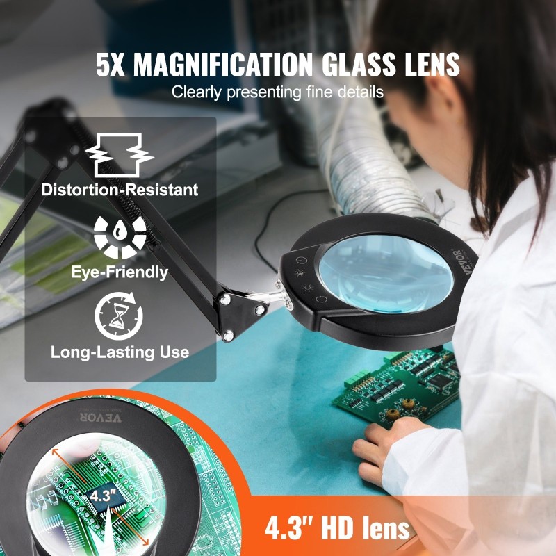 Lattiasuurennuslamppu 5x suurennus lasilinssi 110 mm säädettävä varsi LED 5 väriä