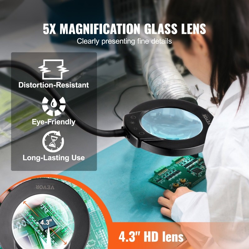 Suurennuslattialamppu 5-kertainen lasilinssi 110 mm säädettävä korkeus joustava varsi