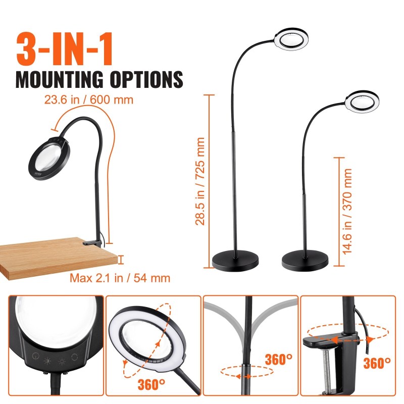 Suurennuslattialamppu 5-kertainen lasilinssi 110 mm säädettävä korkeus joustava varsi