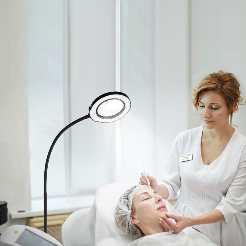 Suurennuslattialamppu 5-kertainen lasilinssi 110 mm säädettävä korkeus joustava varsi