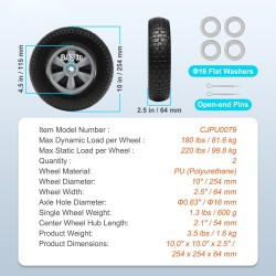 Täyskumiset puhkeamattomat PU-pyörät 254 mm halkaisija 64 mm leveys 2 kpl