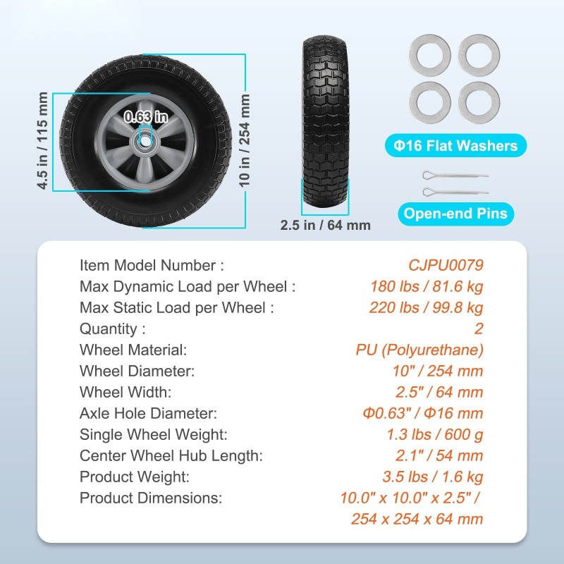 Täyskumiset puhkeamattomat PU-pyörät 254 mm halkaisija 64 mm leveys 2 kpl