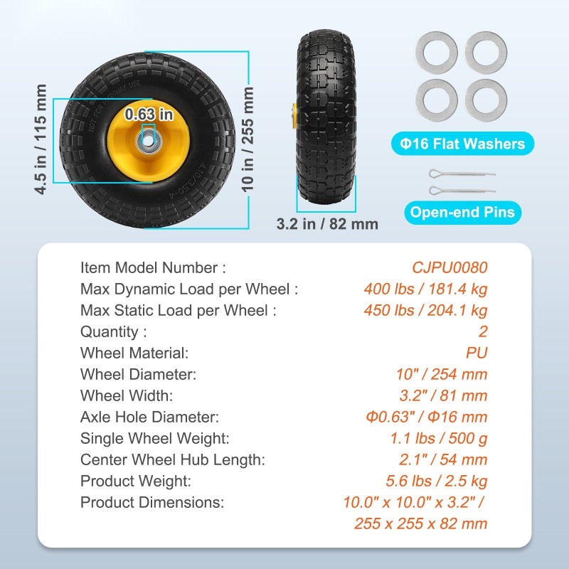 Kiinteät PU-pyörät metallikeskiöllä 254 mm halkaisija 81 mm leveys 2 kpl