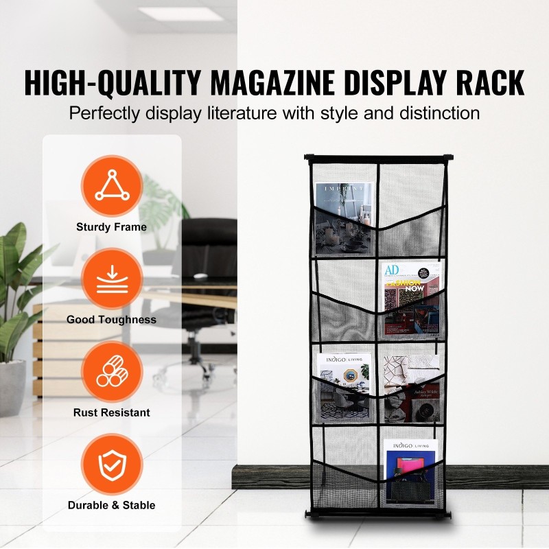 Lattiamallinen esiteteline neljällä tasolla kahdeksalle A4-esitteelle kevyt kantolaukku mukana