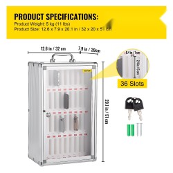 Matkapuhelinkaappi 36 lokeroa alumiiniseosrunko läpinäkyvä pleksilasi avainlukko seinälle asennettava