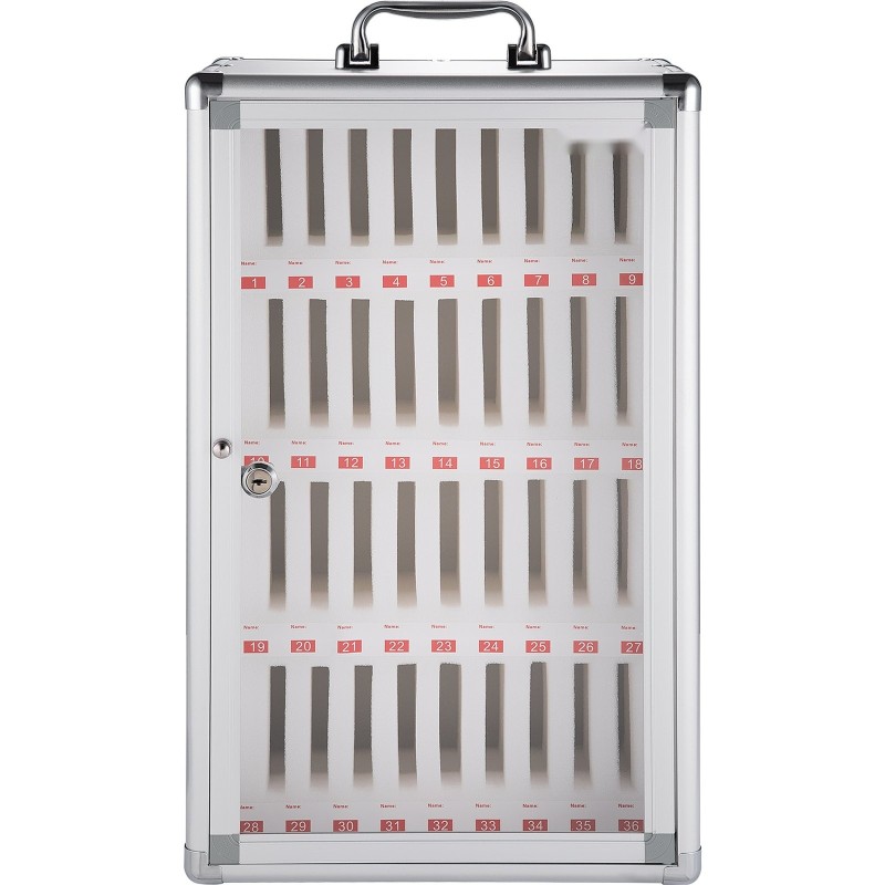 Matkapuhelinkaappi 36 lokeroa alumiiniseosrunko läpinäkyvä pleksilasi avainlukko seinälle asennettava