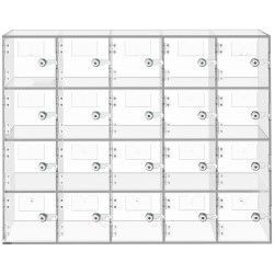 Puhelinsäilytyskaappi läpinäkyvä akryyli 20 lokeroa lukoilla ja avaimilla seinälle asennettava