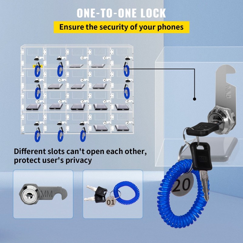 Puhelinsäilytyskaappi läpinäkyvä akryyli 20 lokeroa lukoilla ja avaimilla seinälle asennettava