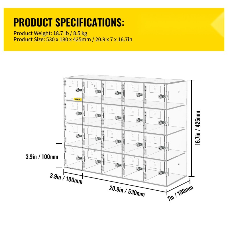 Puhelinsäilytyskaappi läpinäkyvä akryyli 20 lokeroa lukoilla ja avaimilla seinälle asennettava