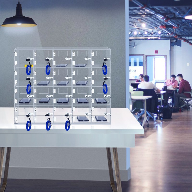 Puhelinsäilytyskaappi läpinäkyvä akryyli 20 lokeroa lukoilla ja avaimilla seinälle asennettava