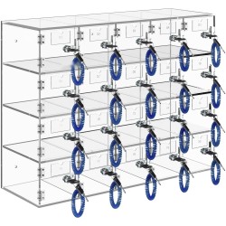 Puhelinsäilytyskaappi läpinäkyvä akryyli 20 lokeroa lukoilla ja avaimilla seinälle asennettava