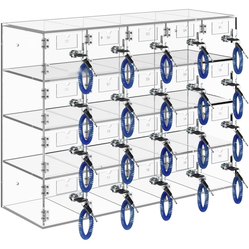 Puhelinsäilytyskaappi läpinäkyvä akryyli 20 lokeroa lukoilla ja avaimilla seinälle asennettava