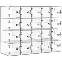 Puhelinsäilytyskaappi läpinäkyvä akryyli 20 lokeroa lukoilla ja avaimilla seinälle asennettava