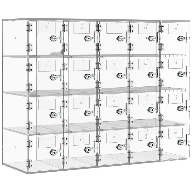 Puhelinsäilytyskaappi läpinäkyvä akryyli 20 lokeroa lukoilla ja avaimilla seinälle asennettava