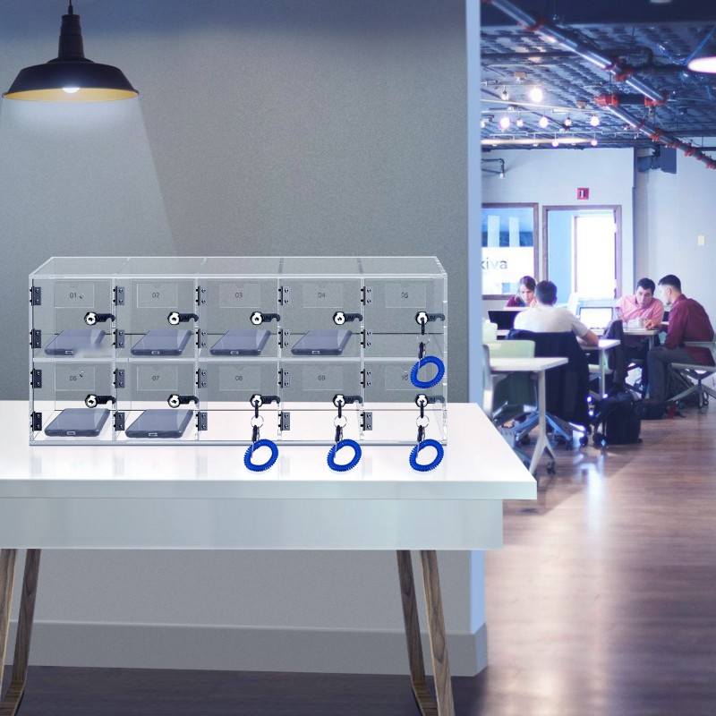 Puhelinsäilytyslokero akryyli 10 lokeroa läpinäkyvä seinä tai pöytäasennus lukot ja avaimet