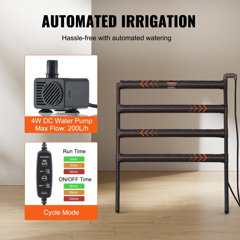 Hydroponinen PVC-muovinen kasvatusjärjestelmä 36 kasvupaikkaa 4 tasoa tummanharmaa ajastimella