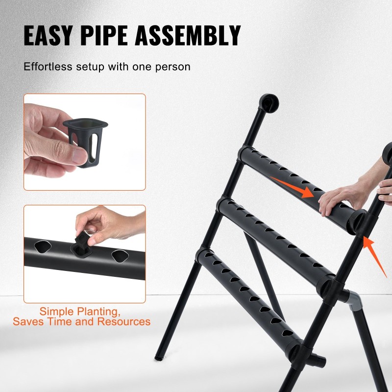 Hydroponinen PVC-muovinen kasvatusjärjestelmä 36 kasvupaikkaa 4 tasoa tummanharmaa ajastimella