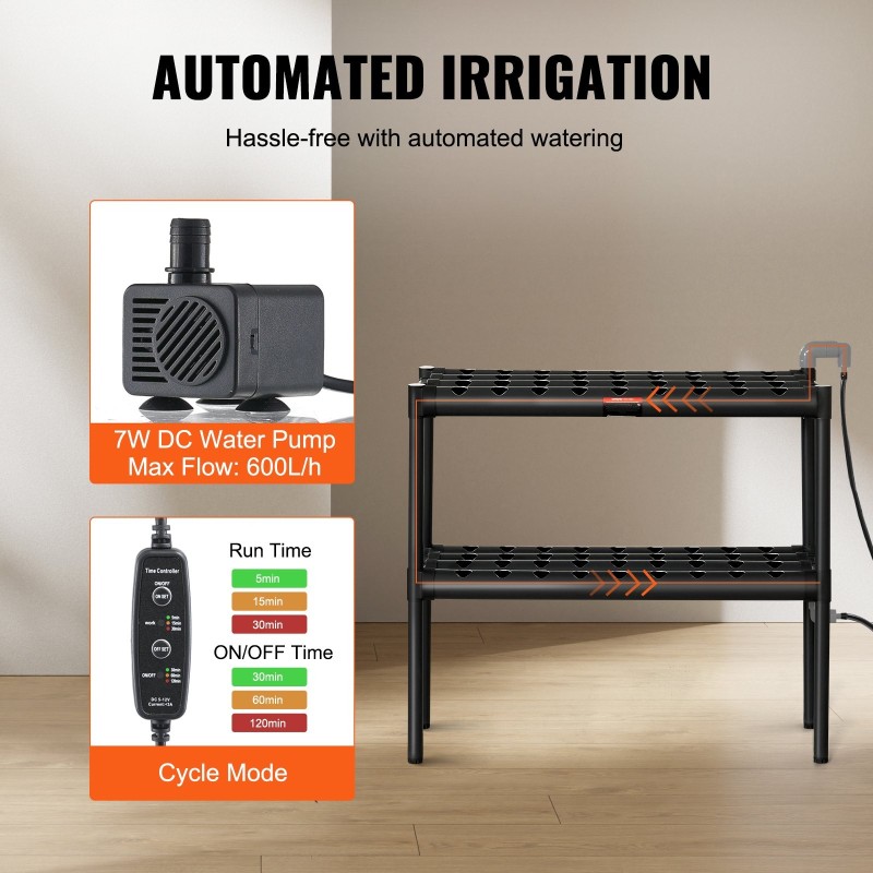 Hydroponinen PVC kasvatusjärjestelmä 72 kasvupaikkaa 2 kerrosta tummanharmaa ajastimella korit sienet