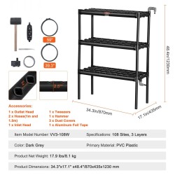 Hydroponinen PVC-kasvatusjärjestelmä 108 kasvupaikkaa 3 kerrosta tummanharmaa ajastinpumppu korit sienet
