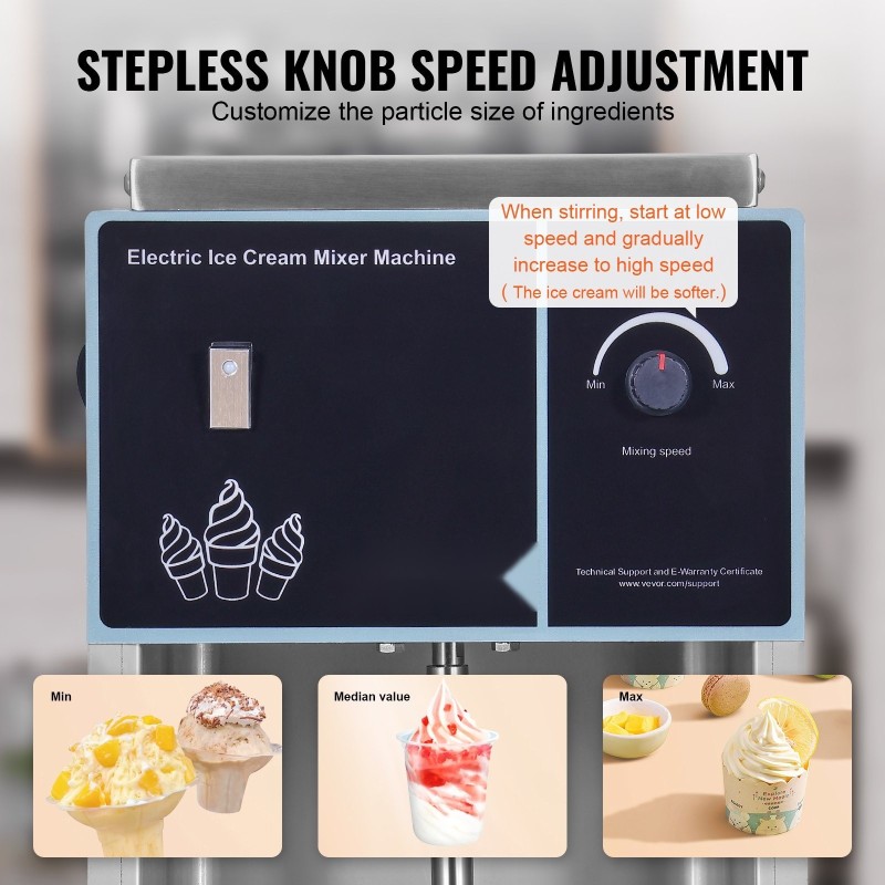 Jäätelösekoitin ruostumattomasta teräksestä 400 W portaattomalla nopeudensäätimellä kolmella käsikupilla
