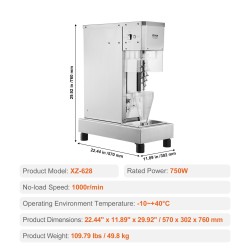 Jäätelösekoitin 304-ruostumatonta terästä 750W 1740r/min ammattikäyttöön muovisuojakupulla roiskeastiolla