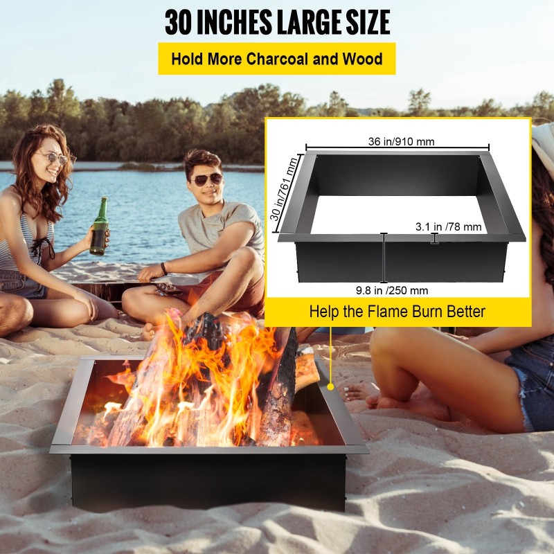 Neliöinen terästulipesärengas mustalla pinnoitteella 30 x 30 tuumaa mukana pihdit