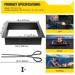 Neliöinen terästulipesärengas mustalla pinnoitteella 30 x 30 tuumaa mukana pihdit