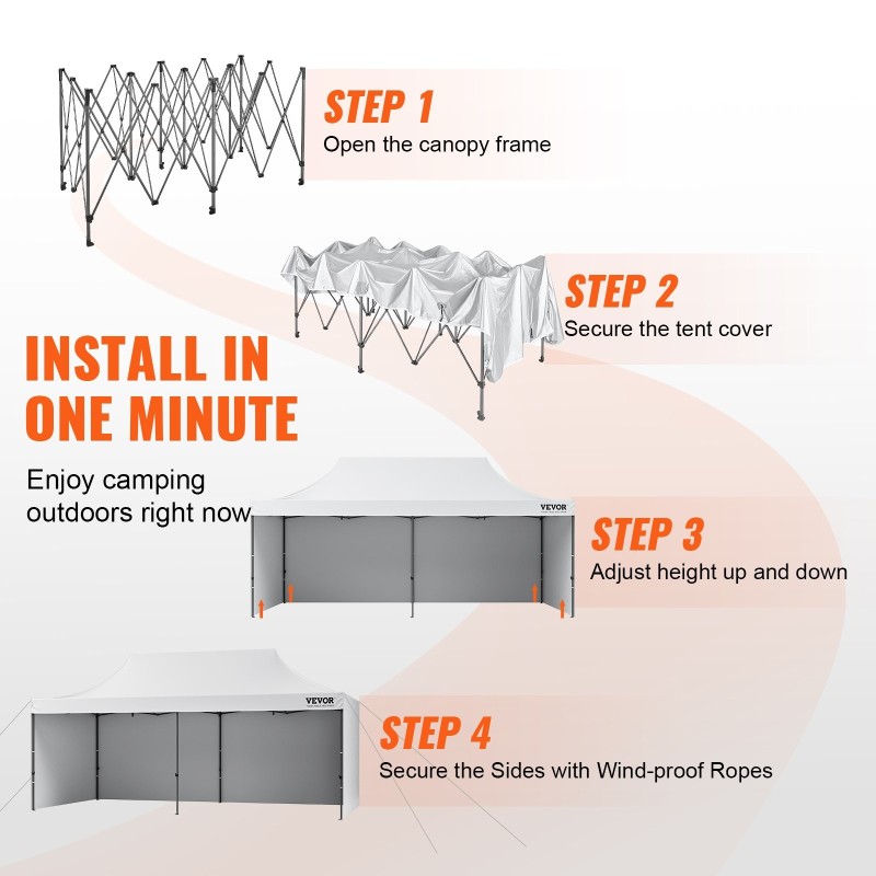 Paviljonkiteltta 500D polyuretaanipinnoitettu kangas 3,05×6,10 m valkoinen irrotettavat sivuseinät säilytyspussi