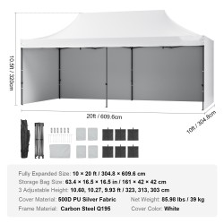Paviljonkiteltta 500D polyuretaanipinnoitettu kangas 3,05×6,10 m valkoinen irrotettavat sivuseinät säilytyspussi